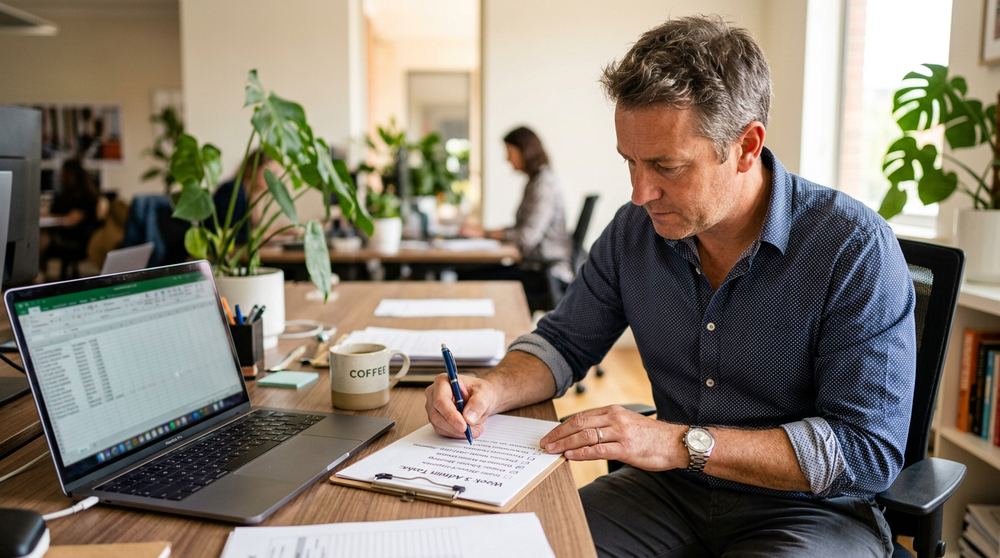 Profesional revisando su lista de tareas administrativas semanales en la oficina